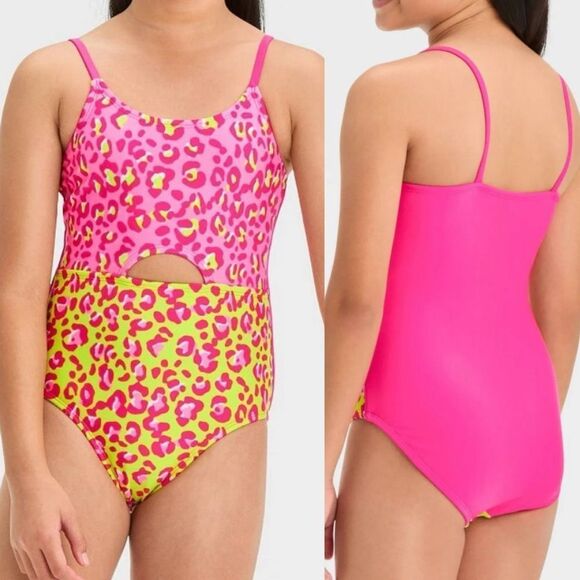 Art Class Girls One Piece hot pink animal print cut out swimsuit bathing suit M8 - Picture 1 of 7